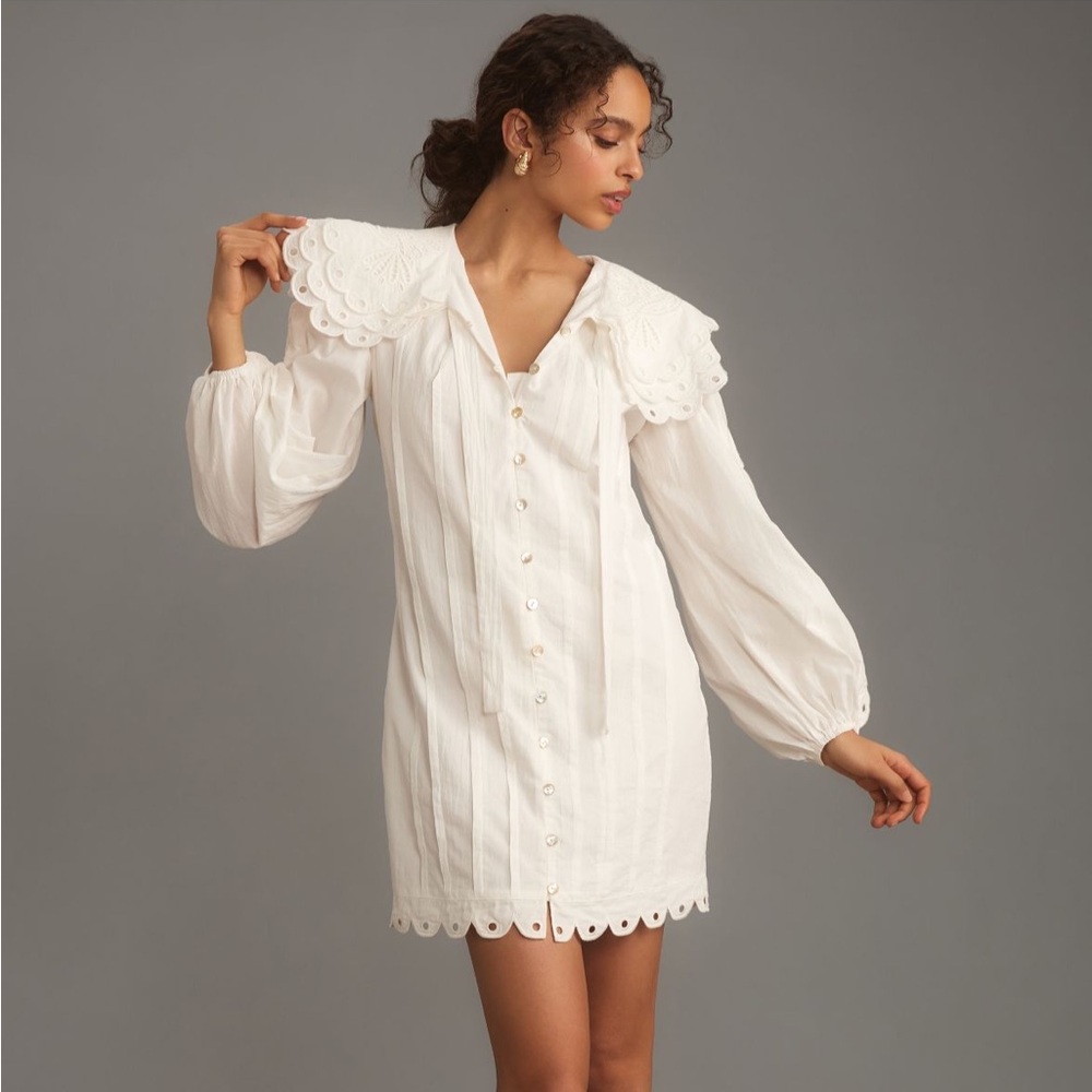 Farm Rio for Anthropologie Long-Sleeve Embellished Collared Mini Dress